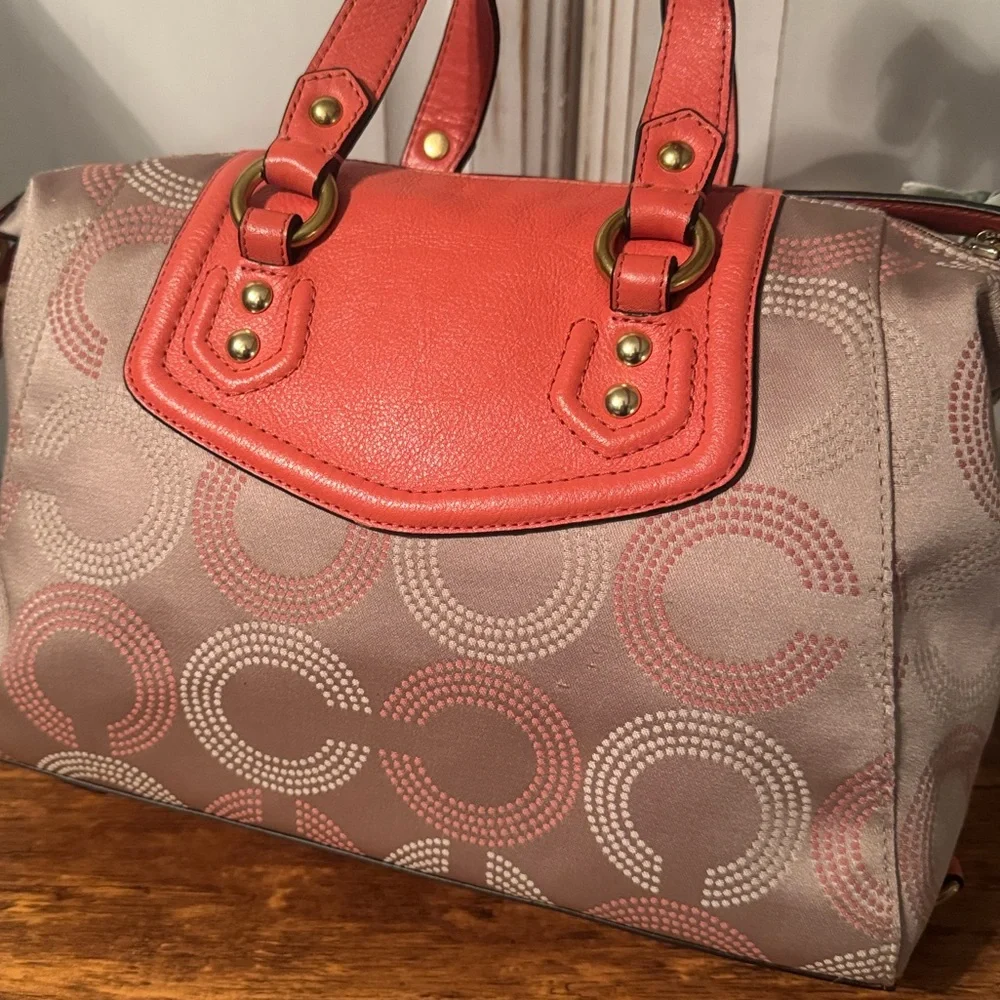 Coach Ashley Signature Tan Sateen,coral Leather Shoulder satchel Bag - Picture 10 of 11